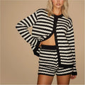 2026 OEM Knitwear Manufacturer Matching Women Striped Sweater Short Set Knit Cardigan Lounge Wear 2 Two Piece Short Set