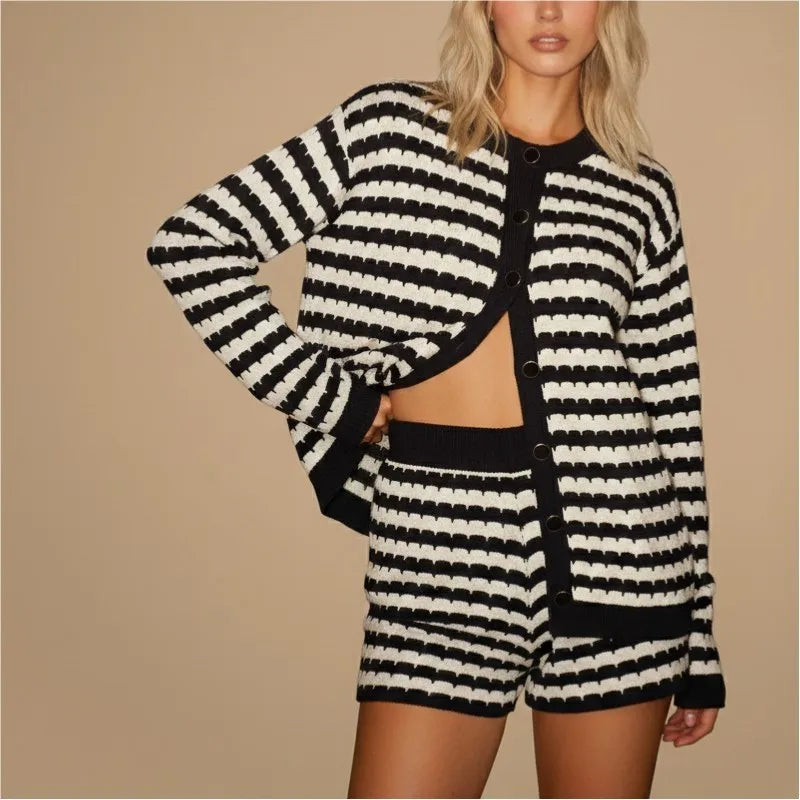 2026 OEM Knitwear Manufacturer Matching Women Striped Sweater Short Set Knit Cardigan Lounge Wear 2 Two Piece Short Set