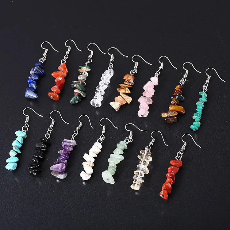 Bohemian Handmade Natural Crystal Stone Beaded Earrings Multicolor Stone Tassel Dangle Charm Crystal Earrings for Women