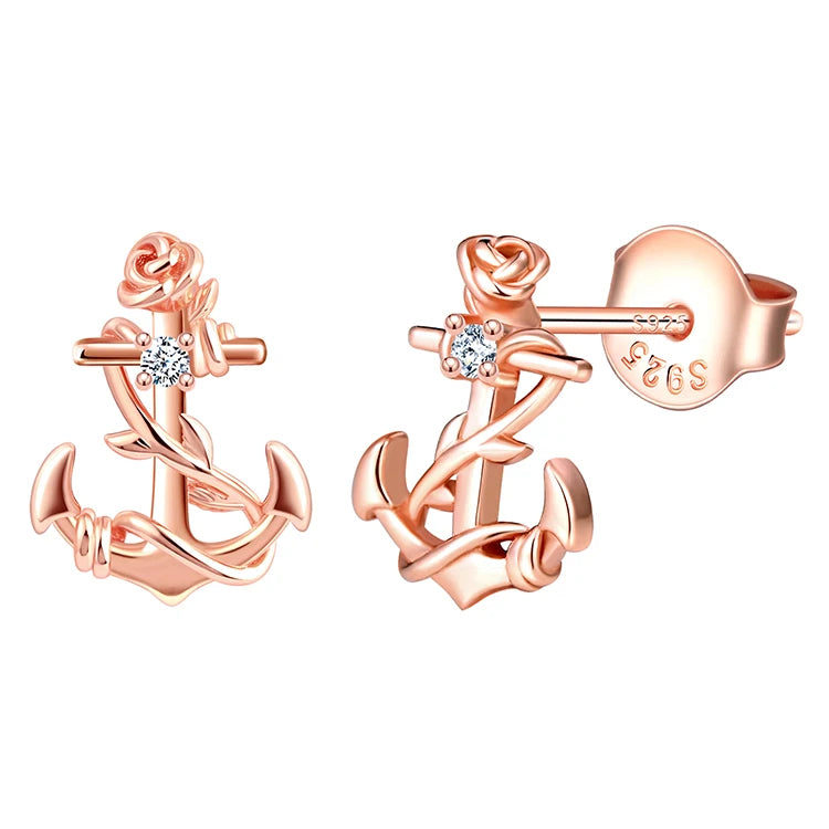 Rose Gold Color Rose-Wrapped Anchor Cubic Zirconia Stone 925 Sterling Silver Stud Earrings