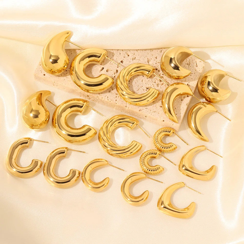 High Quality Stainless Steel C-shaped Hollow Earrings 18k Gold Plated Waterproof Jewelry Chunky Hoop Earrings for Women