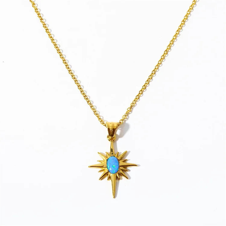 Vintage Jewelry Copper Gold Plated Natural Gemstone Star Pendant Necklace