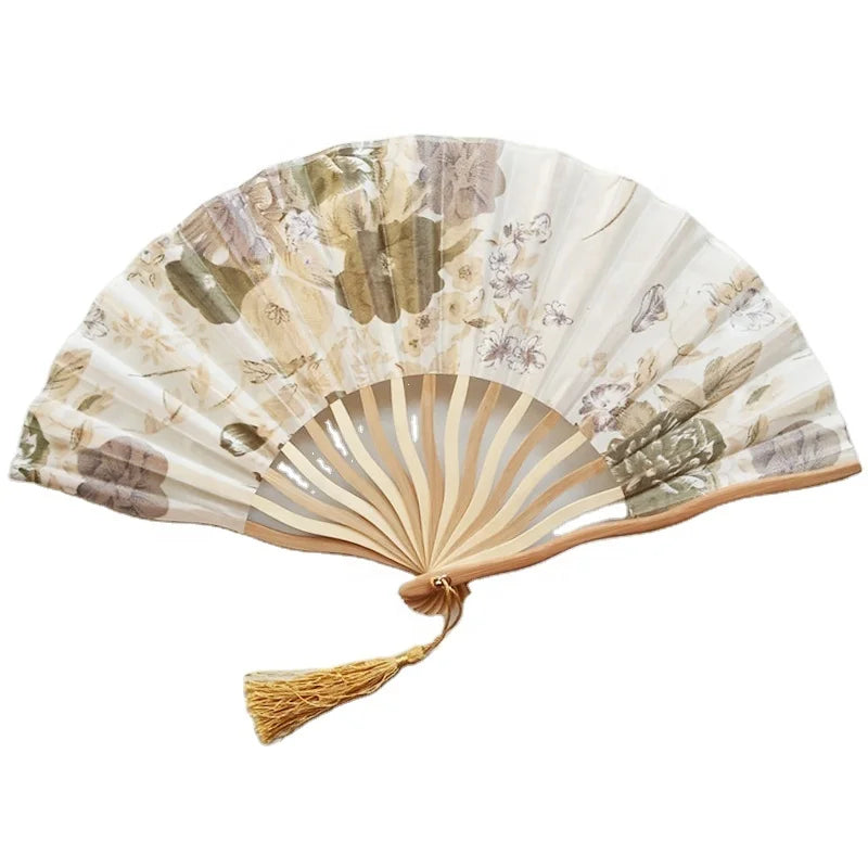 Stock Small Quantity Moq Flower Silk Folding Wedding Japanese Style Ladies of Dragon Rib Bamboo Fabric Hand Fans with Tassel