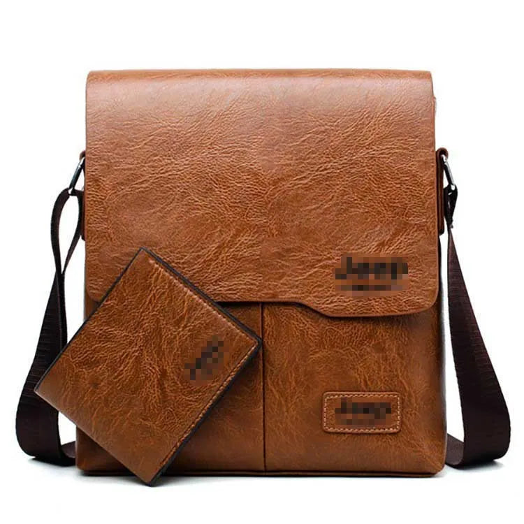 Wholesale Custom Men Vintage PU Leather Business Single Shoulder Bag Crossbody Messenger Bag Wallet Set