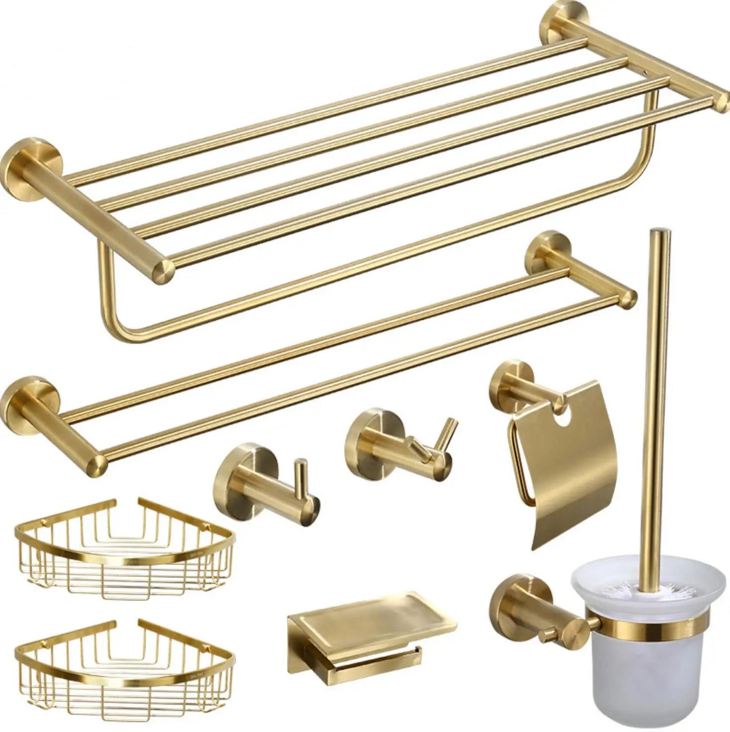 Bathroom Hardware Double Bath Towel Bar Rack Shelf Caddy Accessory Set Brushed Gold Stainless Steel Towel Bar Set 9 Pieces