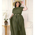 Green Round Neck Bole Top Mid Length Skirt Plus Size Fashion Casual Suit