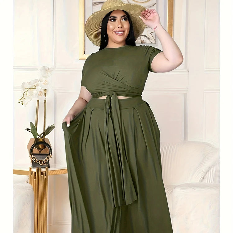 Green Round Neck Bole Top Mid Length Skirt Plus Size Fashion Casual Suit