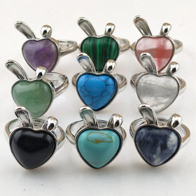 Silver Rabbit Stone Rings for Women Girls Artificial Finger Lucky love Heart Natural Gemstone 15MM Cab Engagement Jewelry