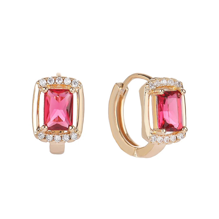 Free Shipping Bulk Wholesale 18K Gold Jewelry Red Square Large Zircon  Huggies Earings Women Jewelry