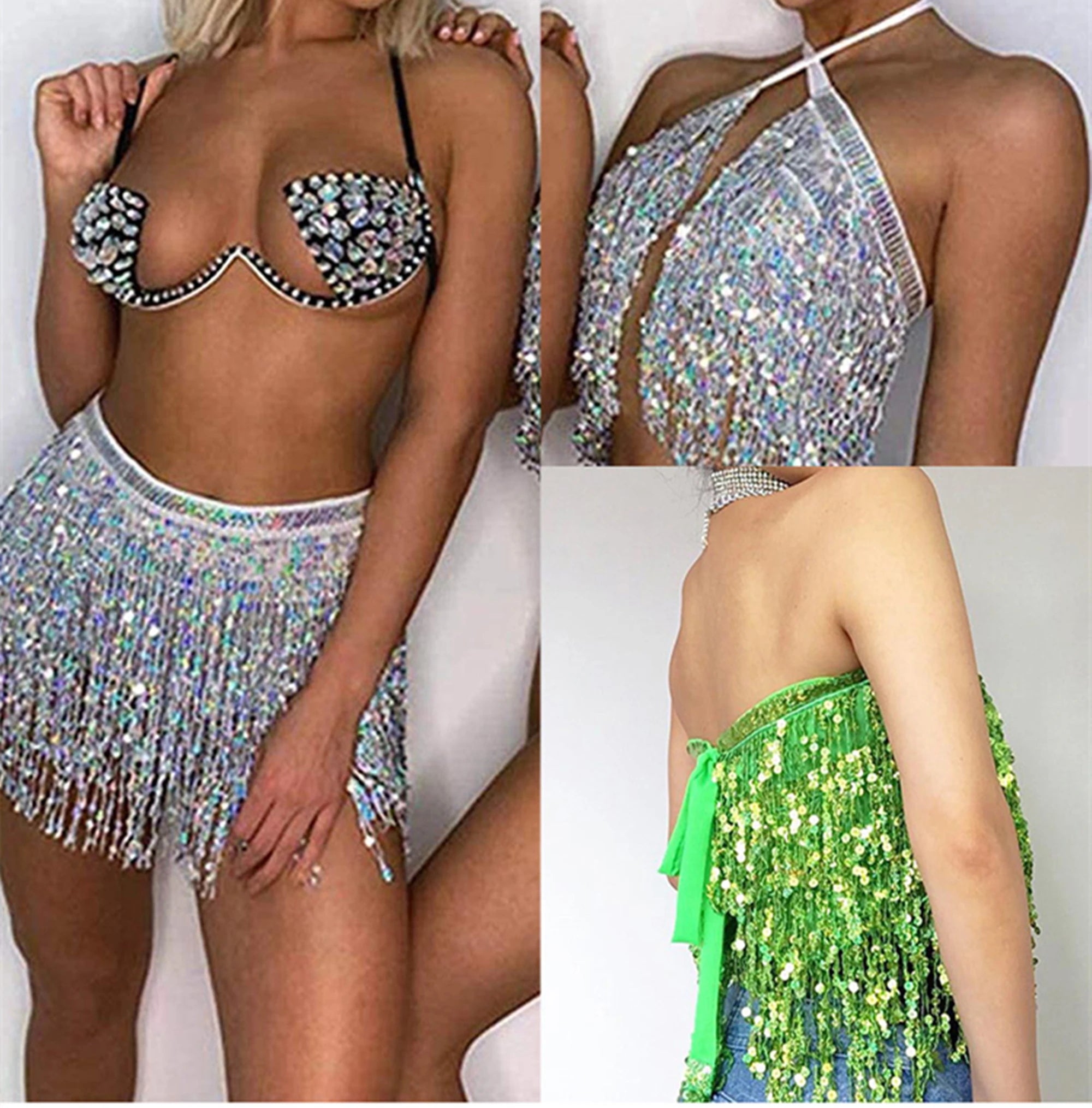 Women Belly Dance Skirt Sparkly Sequins Skirts Fringe Wrap Skirt Party Hip Scarf