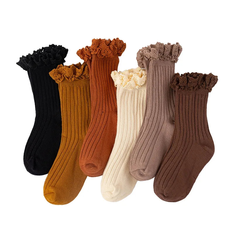 Spring Autumn Trendy Children's Baby Girl Solid Ribbed Socks Thin Cotton Princess Socks Cute Lace Ruffle Socks