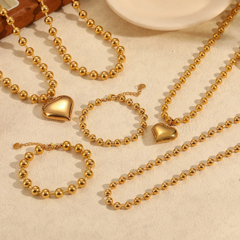 MC224 Wholesale Stainless Steel Love Necklace 18K Gold Peach Heart 6/8mm Ball Bead Necklace Bracelet Women Fashion Jewelry Sets