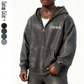 Custom LOGO Men's Clothes Plus Size Heavy Weight 400G ZIPPER Hooded Oversized Tracksuit With Pockets Sportswear Washed Hoodie