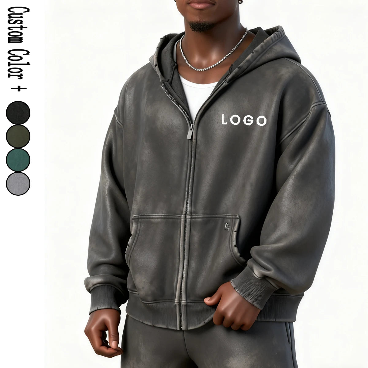Custom LOGO Men's Clothes Plus Size Heavy Weight 400G ZIPPER Hooded Oversized Tracksuit With Pockets Sportswear Washed Hoodie