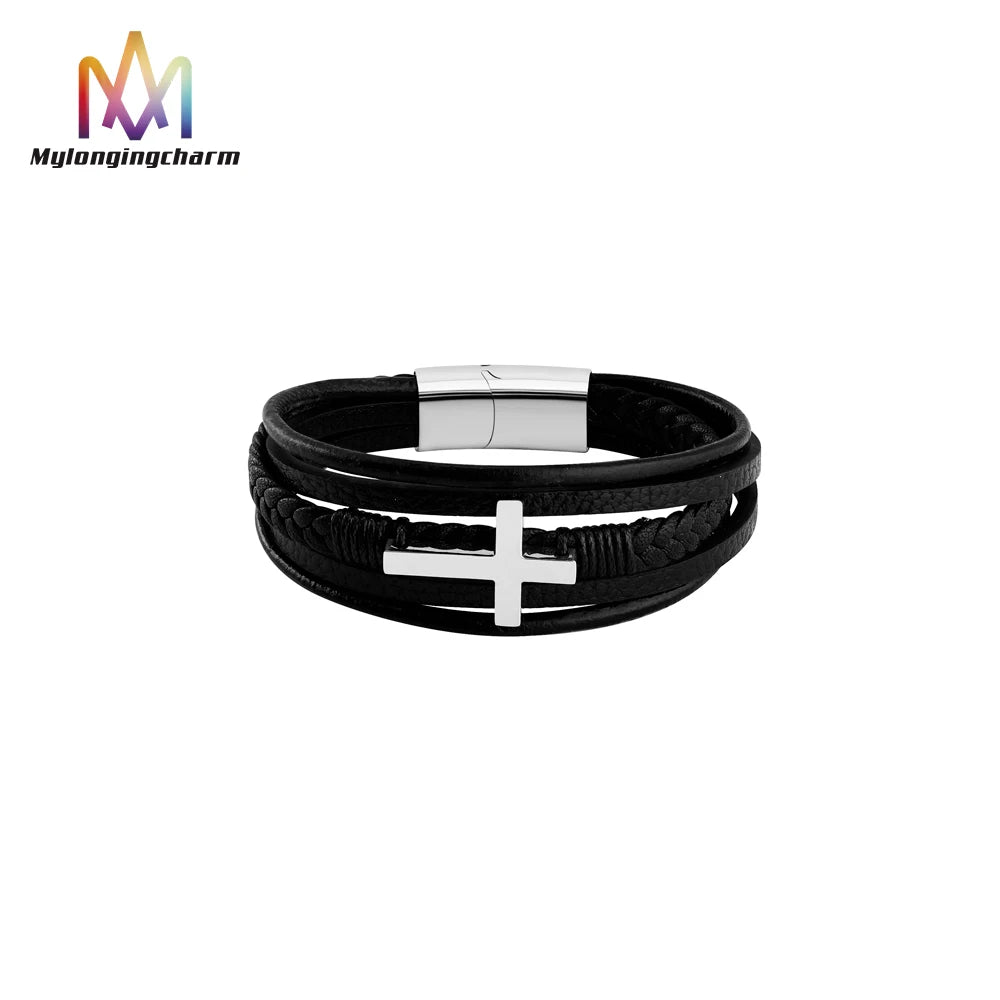 New Popular Accessories Cross Fashion Bracelet Punk Rock Woven Handmade Pu Leather Multi Layer Bracelet Witn Charm