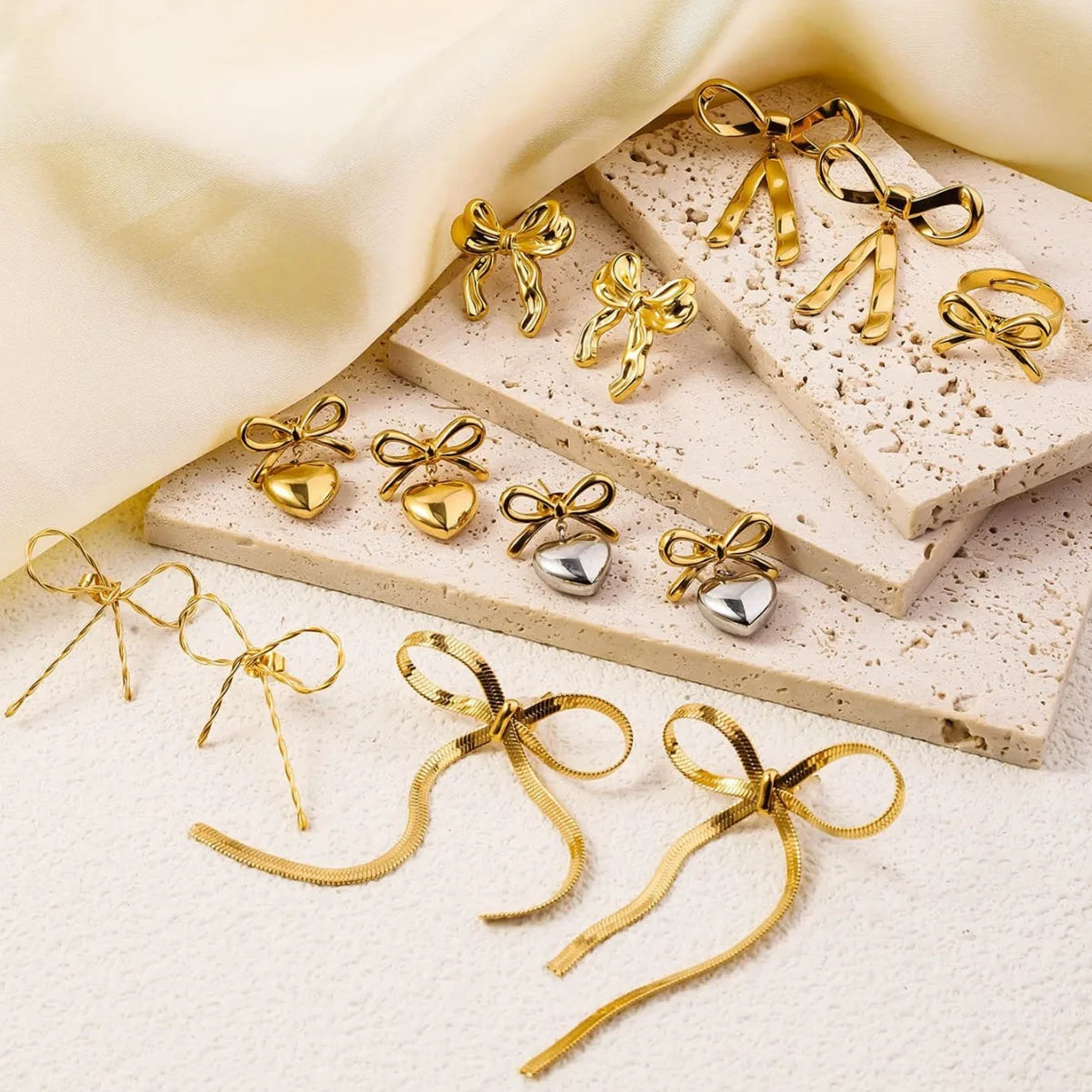 BOXUAN Heart-shaped  Mirror Tassel Stainless Steel Earrings Plated with 18K Gold Plating Bow Titanium Steel Earrings