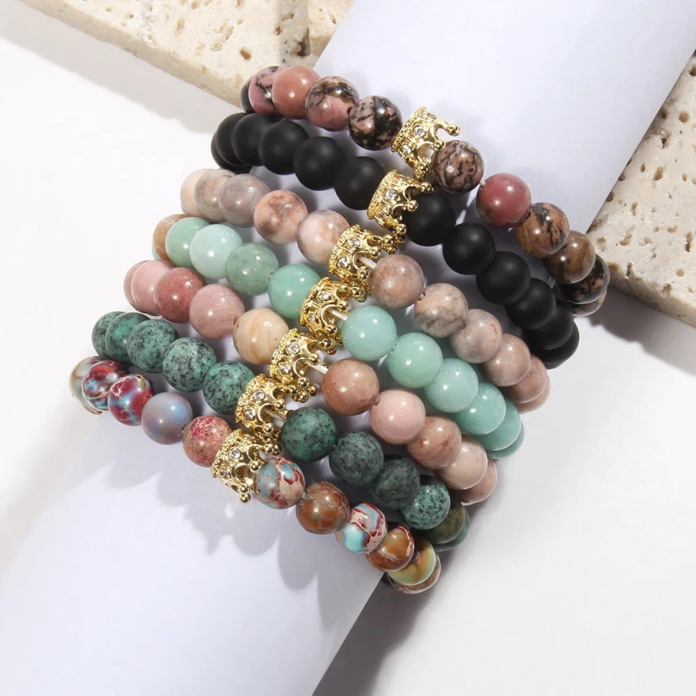 To My Bestie New Fashion Queen Gift 8mm Pink Zebra Beaded Bracelet Zircon Crown Charm Elastic Bracelet Valentines Gift