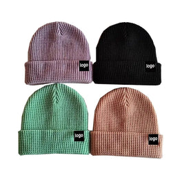 Winter Classic Outdoor Sport New Fashion Acrylic Wool Waffle Knit Cuffed Fisherman Beanie Hat With Custom Logo Patch Label