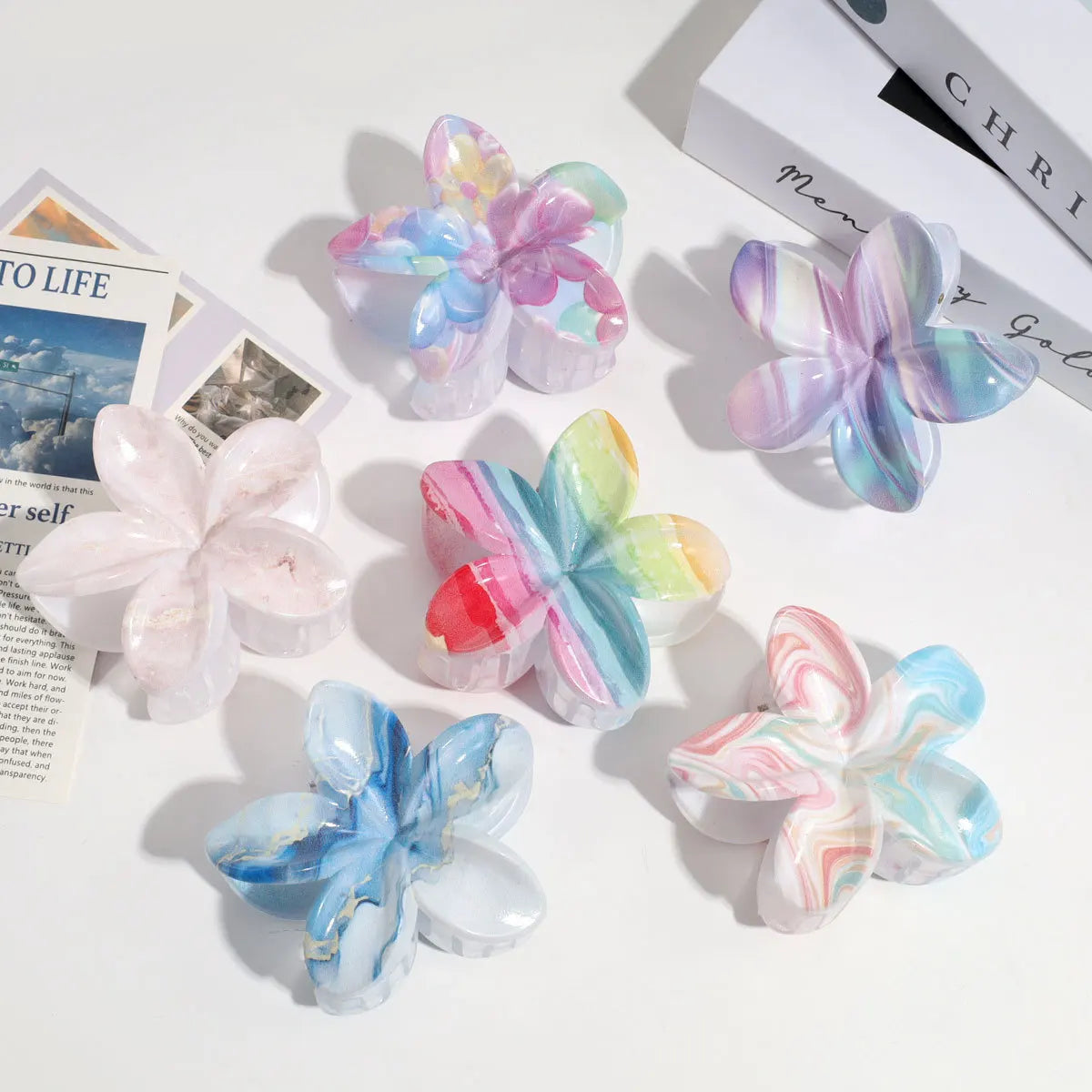 KUACHI New Design Korean Plastic Flower Claw Clips Girls Cute Rainbow Sweet Gradient Flower Hair Claw Summer Plumeria Hair Claw