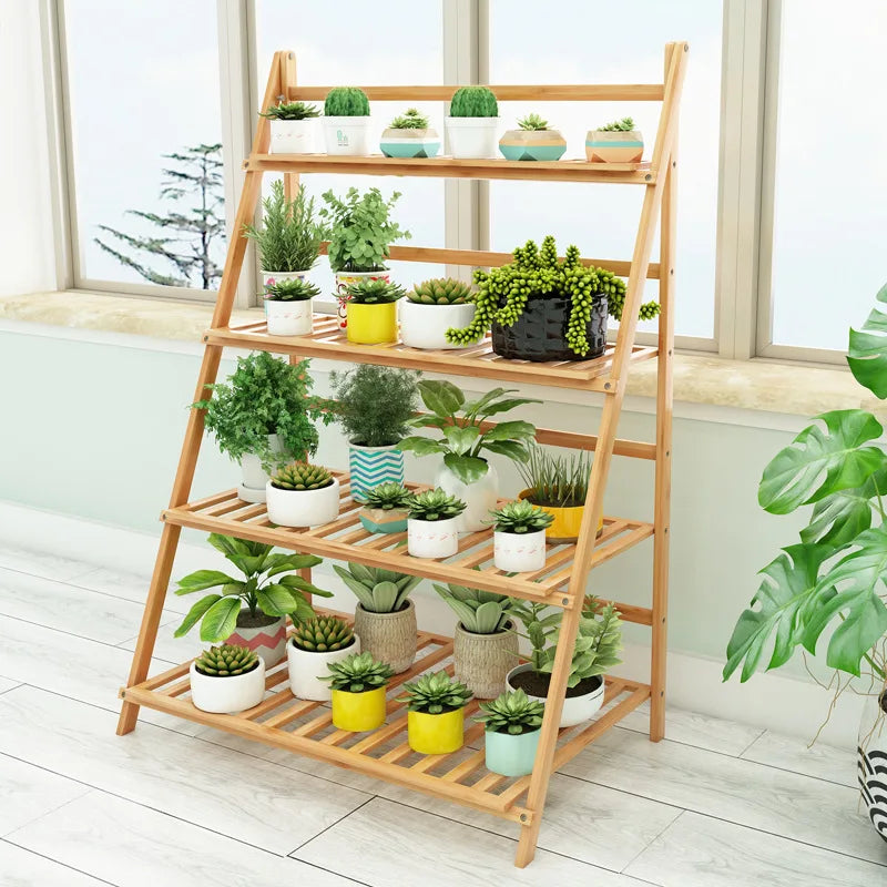 Balcony Indoor Garden Household Foldable Shelf Flower Pot Rack Bamboo Multi-layer Plant Stand