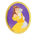 Custom High-quality Badge Featuring Belle in a Yellow Dress with a White cat with purple Enamel Sand Primer and a Patterned Edge