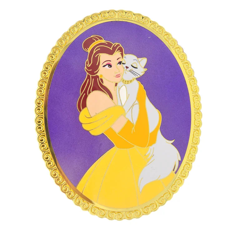 Custom High-quality Badge Featuring Belle in a Yellow Dress with a White cat with purple Enamel Sand Primer and a Patterned Edge