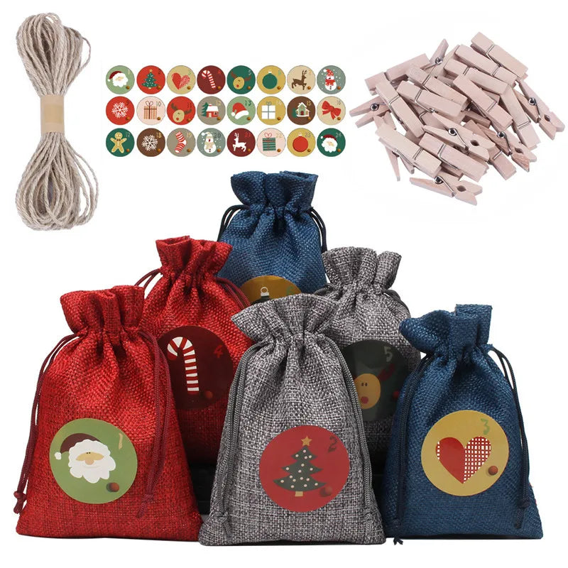 Hot Sale Jute Fabric Advent Calendar Christmas Countdown Hanging Gift Bag with Felt Cloth Candy Bag