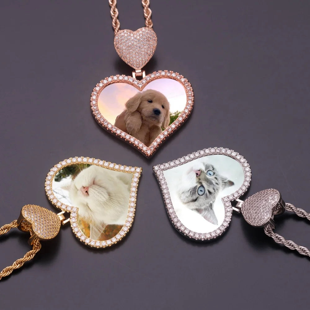 Iced Out Creative Heart Hook Love Heart Photo Pendant Shiny Zircon Frame Picture Sublimation Necklace Memory Medallions Jewelry