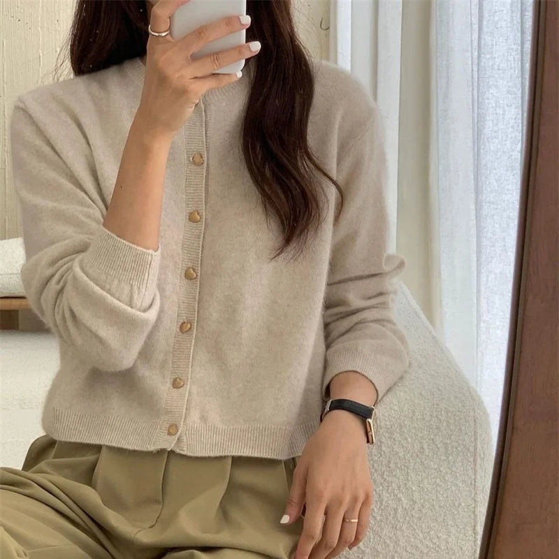 Love Button Knitting Pullover Women Sweatshirt Top Casual Basic Slim Knitwear Jumper Long Sleeve Sweaters Cardigan Woman