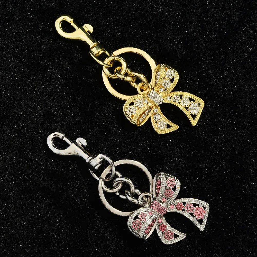 Sparkly Gold Plated Color Rhinestone Bow Tie Bow Keychains Purse Bag Charms for Women Glitter Crystal Diamonds Bowknot Keychain