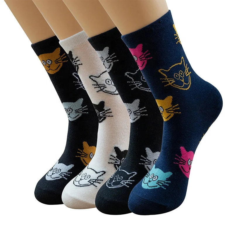 Wholesale Funky Cute Cat Animal Patterned Socks Women Novelty Funny Cartoon Cotton Crew Socks