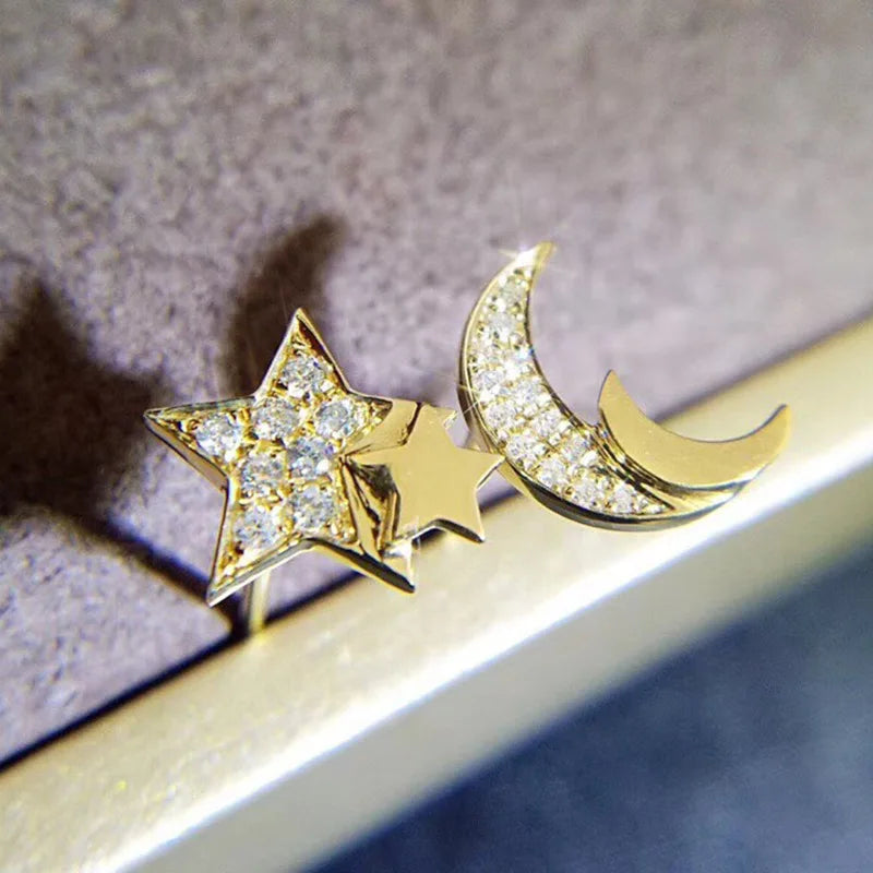 Huitan Gold Moon Star Stud Earrings for Women Girls Trendy Design White Stone Zircon Fashion Woman Earring