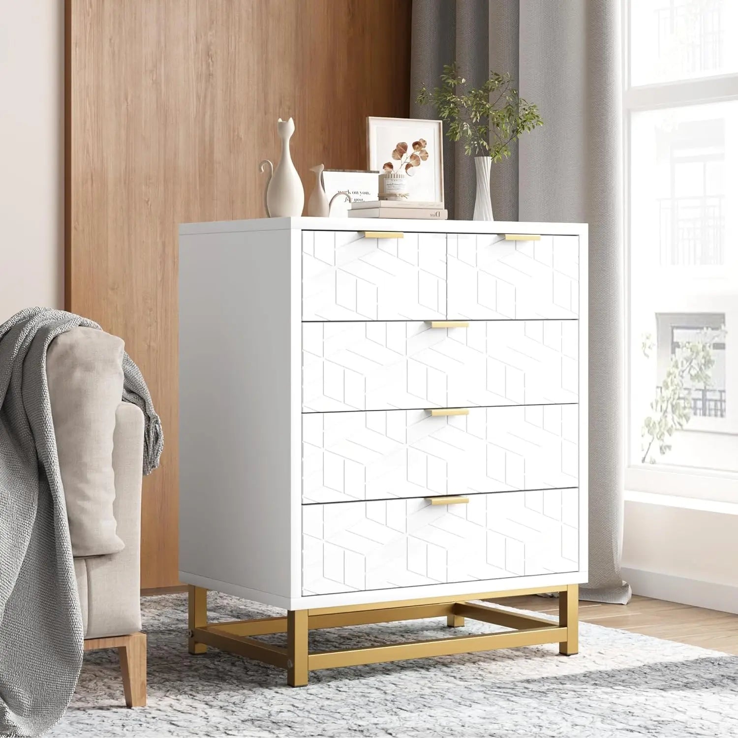 Modern Unique Design Drawer Chest with Metal Legs White 5 Drawer Nightstand for Bedroom