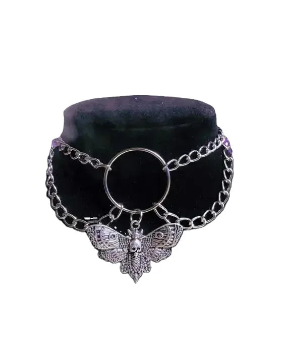 Gothic Dead Head Skull Butterfly Moth Pendant Necklace Hip Hop Choker Witchcraft Jewelry