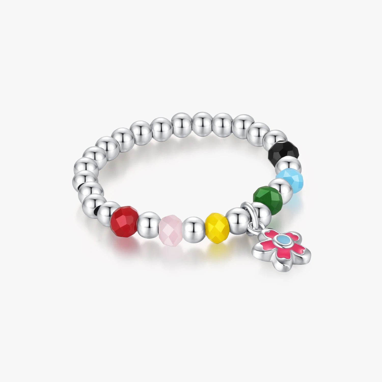 Girls Party Fine Jewelry Accessories 925 Sterling Silver Trendy Sweet Colorful Enamel Flower Beads Finger Ring for Women