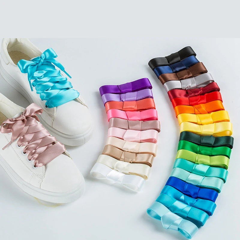 22 Colors Flat Ribbon Shoe Laces 2 CM Width Made of Polyester Silk Satin Shoelaces for Women's Boots Sneakers Leisure Flat Laces