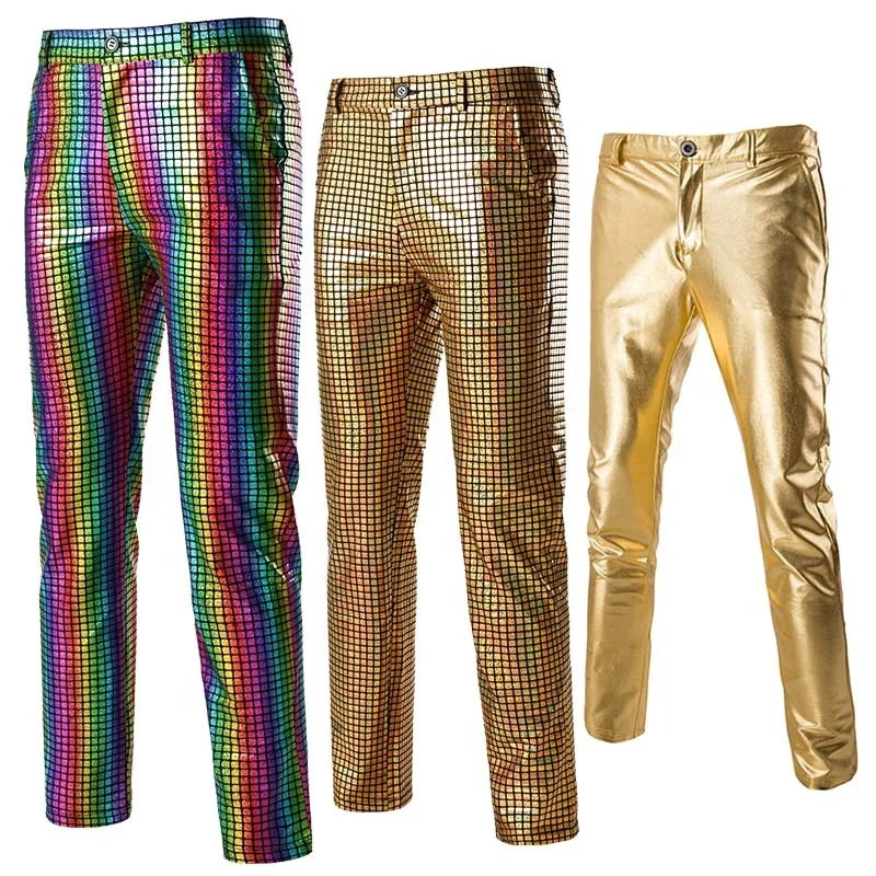 Mens Disco Pants Rainbow Sequin Latex Trousers Shiny Golden Dance Performance Suit Hipster Clothing Fancy Pants