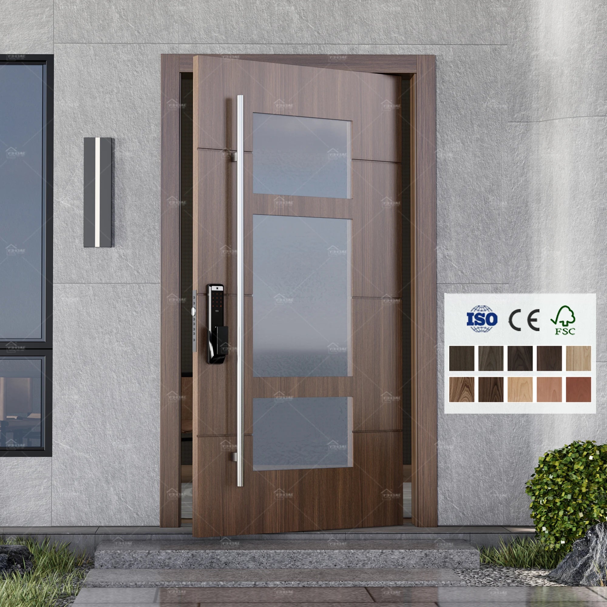 Foshan Yohome Custom Villa Frosted Glass Panel Smart Lock System External Pivot Door Wooden House Entrance Door