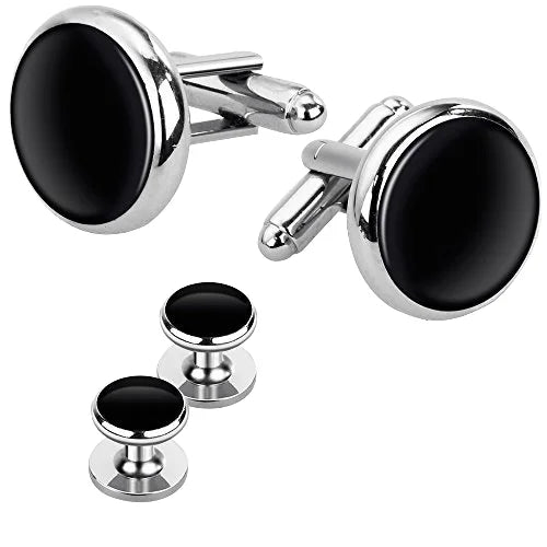 Men's Luxury 6pcs Black Tuxedo Brass Cufflinks and Stud Set Silver Color Wedding Party Gifts for Shirts Accessories