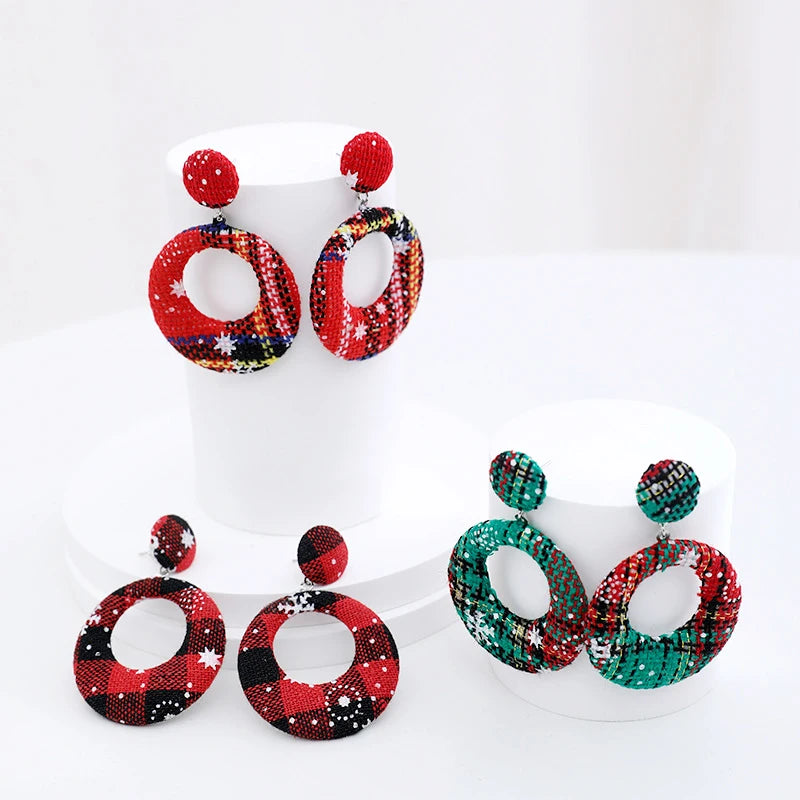 Fashion Christmas Jewelry Gift 4CM Vintage Geometric Round Plaid Lattice Fabric Girl's Statement Retro Drop Dangling Earrings