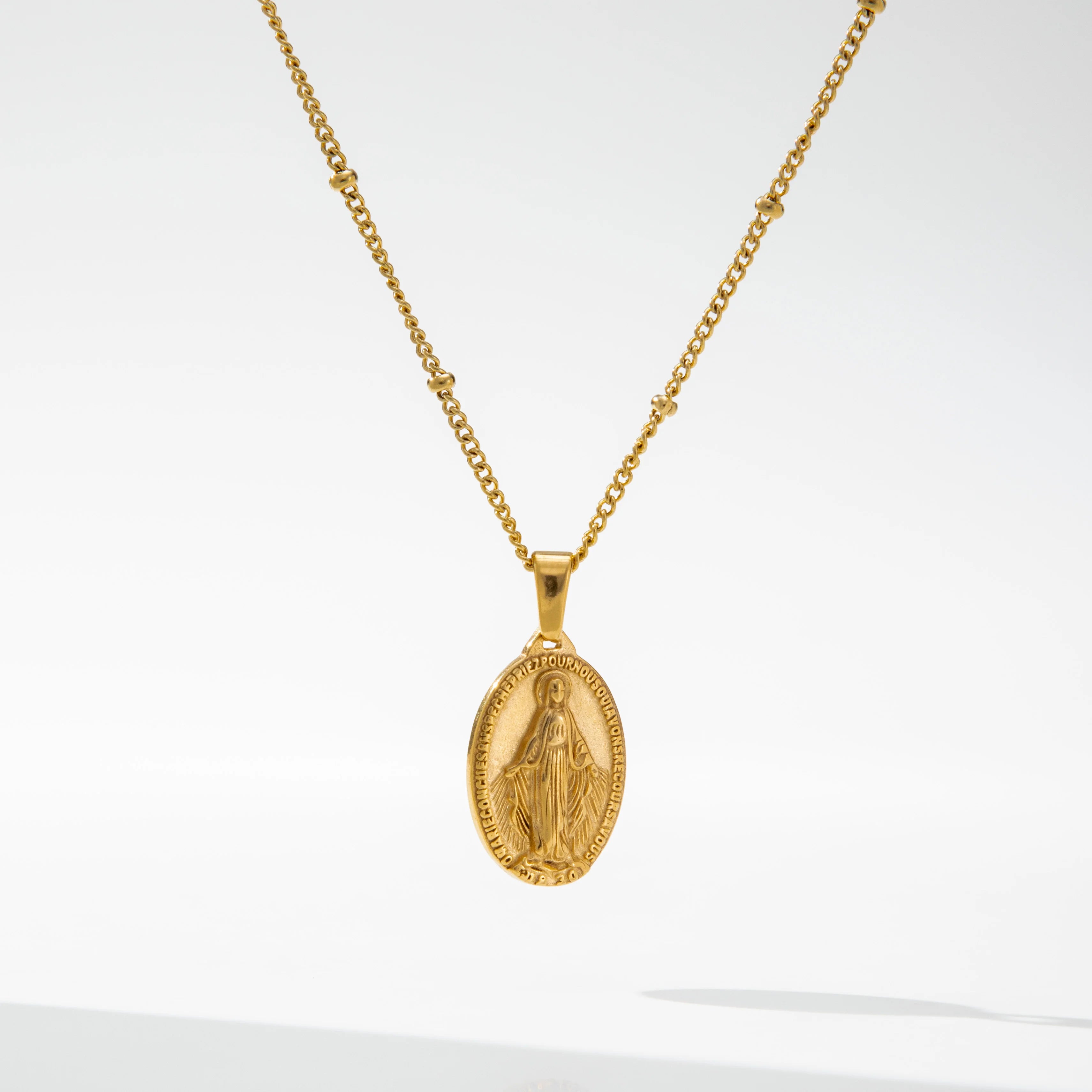 YF3689 Catholic Jewelry Waterproof 18K Gold Plated Stainless Steel Christian Cross Virgin Mary Coin Necklace for Women