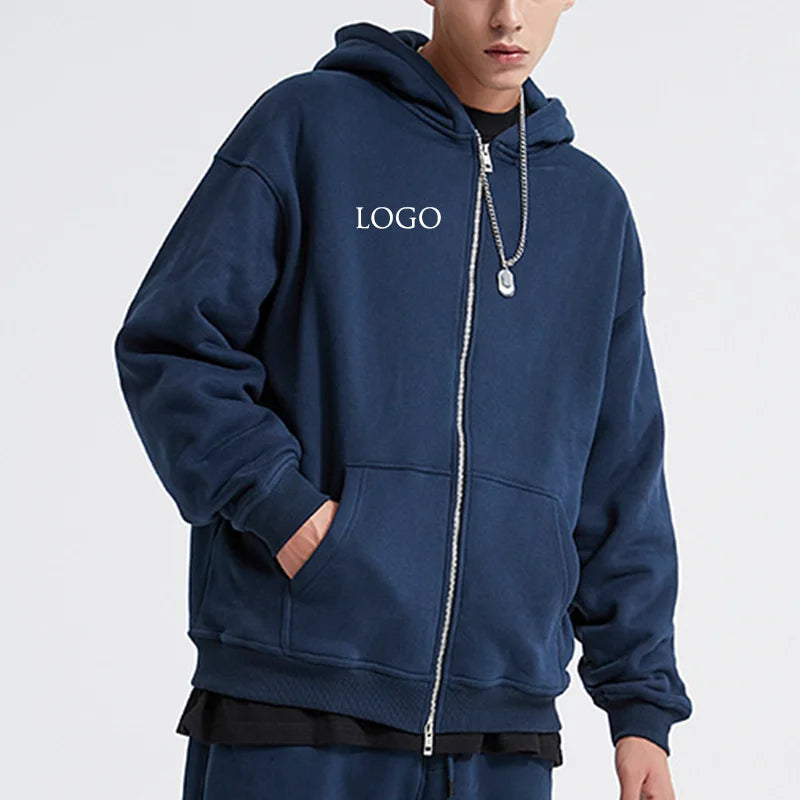 Wholesale Oversize Street Wear Blank Hoodie With Metal Patch and Zipper Sweatsuit
