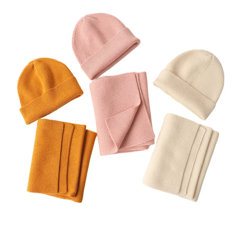 Autumn Winter 2PCS/SET Long Plain Style Cashmere Knitted Hat Set Fashionable Integrated Scarf for Kids  Beanie