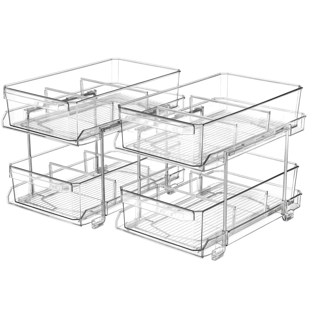 2 Tier Clear Organizer with Dividers for Cabinet MultiUse Slide-Out Storage Container