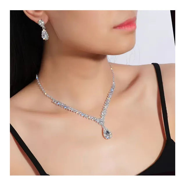 American Pendant Diamond Necklace Water Drop Earrings Rhinestone Women's Bridal Wedding Jewelry Set