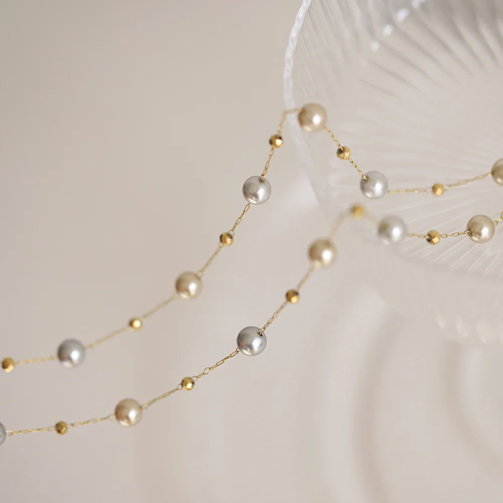 New Gold Beaded Necklace with Imitation Pearl and Grey Cultured Pearls Gold Bead Charm Pendant Necklace
