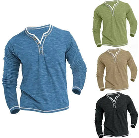 Autumn New Men's Cotton Blend Henry Collar Long Sleeve T-shirt Men's Fashion Streetwear Casual T-shirt