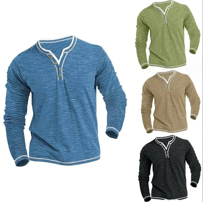 Autumn New Men's Cotton Blend Henry Collar Long Sleeve T-shirt Men's Fashion Streetwear Casual T-shirt