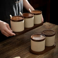 Kaiwoo Stocked Japanese Style Pottery Kitchen Spice Jars Set Salt Seasoning Bottle Ceramic Pepper Sugar Storage Bowl Wood Lid