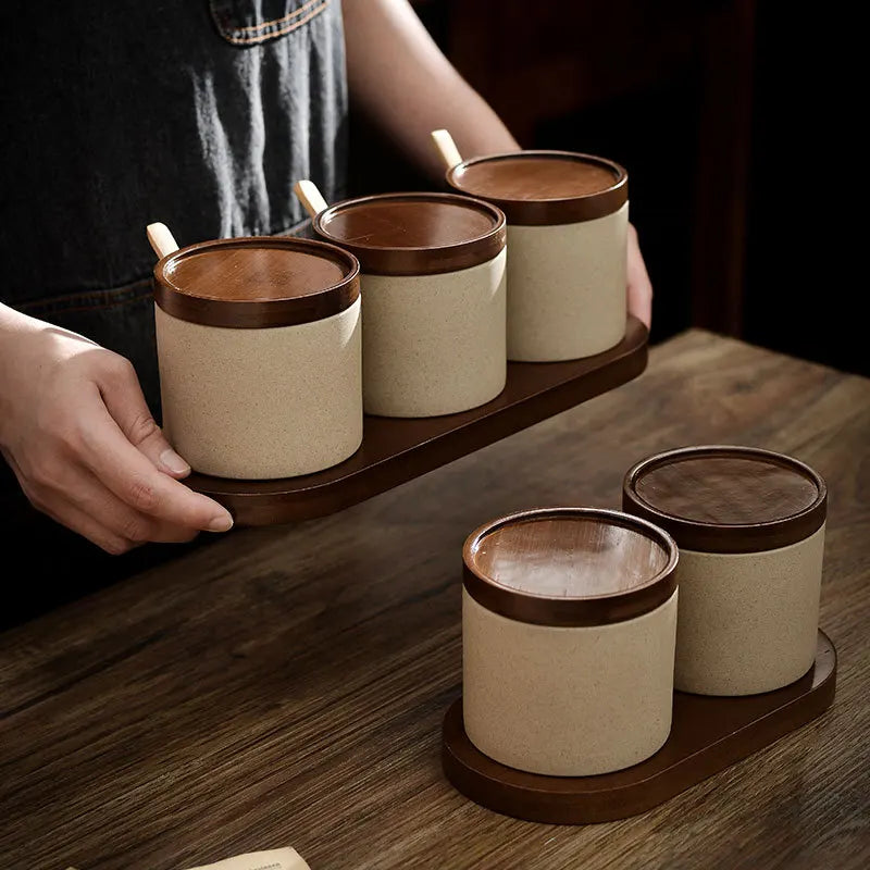 Kaiwoo Stocked Japanese Style Pottery Kitchen Spice Jars Set Salt Seasoning Bottle Ceramic Pepper Sugar Storage Bowl Wood Lid